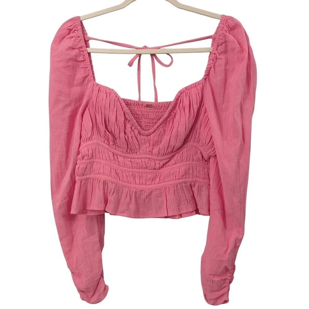Free‎ People Chloe Smocked Cropped Top in Aurora Pink